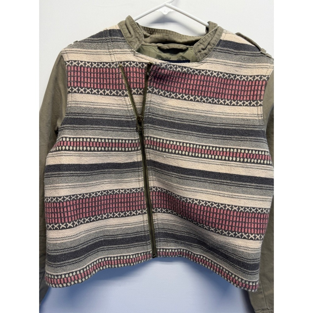American Eagle Tribal Jacket XL Zip Front Ethnic Pattern Olive Cotton Moto - Picture 2 of 9